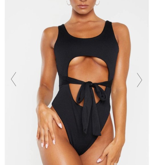 PrettyLittleThing Other - Black Crinkle Cut Out Belted Swimsuit - NWT